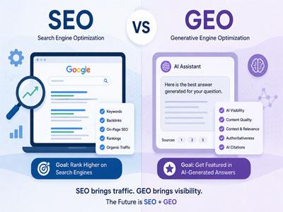 SEO vs GEO comparison showing the difference between Search Engine Optimization and Generative Engine Optimization